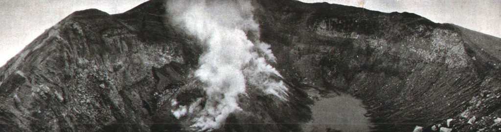 The first historical eruption of Lewotobi Perempuan took place in 1921, when explosive eruptions and lava dome growth were reported in January, May, and December. A gas-and-steam plume rises above the dome in this 1920's view from the NE. The 35-m-high lava dome was emplaced on the floor of crater B, the innermost of two craters at the summit. Photo published in Kemmerling 1929, 