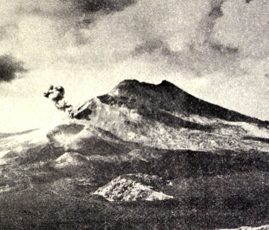 A small ash eruption from Batur III cone on the SW flank of Batur volcano was photographed from the southern rim of the caldera in 1972. An on 19 January produced strong explosions, continuous ashfall from 28 January to 12 February, and small ash plumes during March. Photo by Jayadi Hadikusumo, 1972 (published in Kusumadinata 1979, 