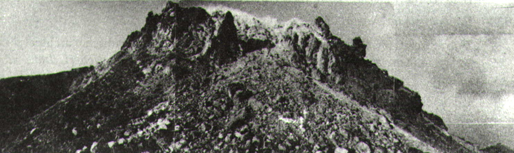 Gunung Wuarlapna, viewed here from the SW, is a blocky lava dome that marks the 641-m-high summit of Gunung Serua volcano. Photo by Ruska Hadian, 1975 (published in Kusumadinata, 1979 