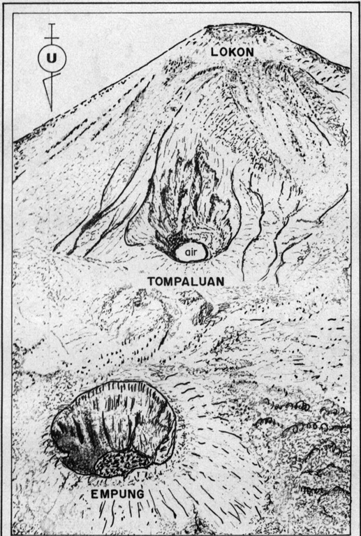 This sketch from a photo shows an aerial view of the Lokon-Empung volcanic complex from the north on August 23, 1982.  The 400-m-wide, 150-m-deep crater of Empung volcano, which last erupted during the 18th century, is at the lower left.  Almost all historical eruptions from Lokon-Empung have originated from Tompaluan crater, located in the saddle between Lokon and Empung.  The word "air" in the bottom of the crater means water in Indonesian; a shallow lake periodically appears on the floor of the crater. Photo courtesy of Volcanological Survey of Indonesia.