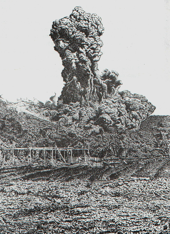 Intermittent eruptive activity at Lokon-Empung began on February 17, 1958 and lasted until December 23, 1959.  Ash and incandescent material was frequently ejected, affecting nearby villages.  On May 3, 1958, the large vertical eruption column and basal pyroclastic-surge cloud seen in this photo was ejected along with fire fountains 100 m from the side of the crater.  An eruption the following day damaged farm crops.  On May 17 a lava plug was observed in the crater.  Frequent small-to-moderate ash eruptions continued through 1959. Photo courtesy of Volcanological Survey of Indonesia, 1958.