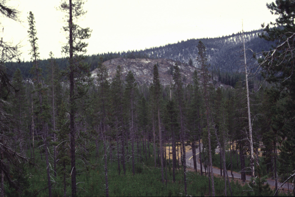 The easternmost of the two East Lake obsidian flows forms the sparsely vegetated area in the center of the photo near the SE shore of East Lake. This rhyolitic flow, another one to the west, and associated pumice deposits erupted from fissures parallel to the inner caldera wall.  Photo by Lee Siebert, 1997 (Smithsonian Institution).