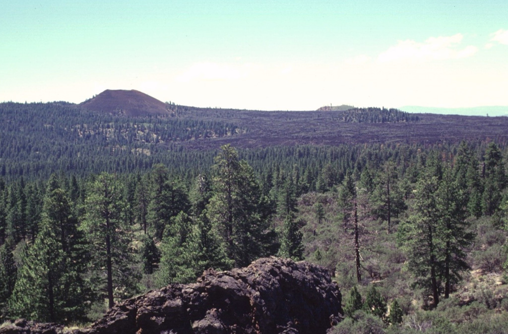Cinder Butte (upper left) on the north side of massive Medicine Lake volcano was the source of a voluminous lava flow that is the most recent on the volcano's north flank.  The cone is seen here from the east from the rim of Mammoth Crater in Lava Beds National Monument.  Cinder Butte was formed during an eruption about 800 CE that also produced the sparsely vegetated Callahan lava flow, which can be seen extending down the north flank to the right. Photo by Lee Siebert, 1998 (Smithsonian Institution).