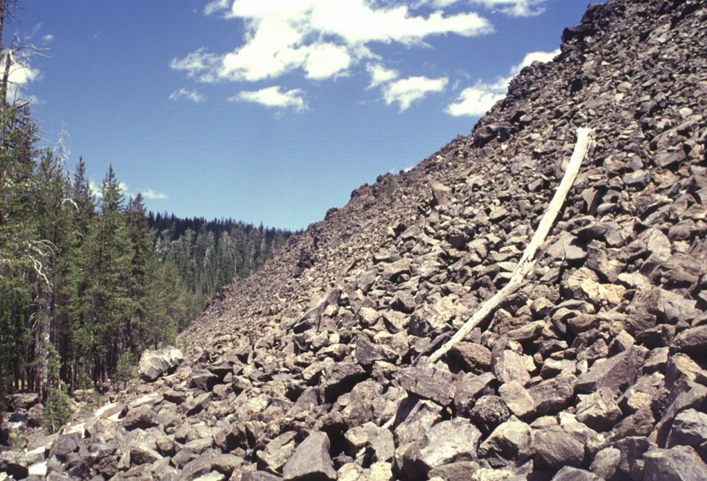 The western terminus of the Hoffman dacite lava flow forms a steep blocky slope up to about 50 m in height. The flows originated from six or more NW-SE-trending vents. The larger of the two flows (seen here) was erupted near the eastern caldera rim and flowed primarily west into the caldera, although a smaller portion traveled to the east. Photo by Lee Siebert, 1998 (Smithsonian Institution).