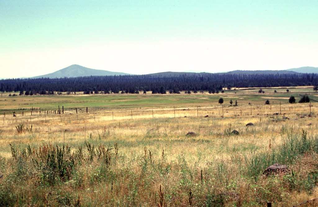 The forested area extending across the middle of the photo is a series of lava flows erupted from the low Brushy Butte shield volcano between Medicine Lake and Lassen volcanoes.  In this view from Little Hot Springs Valley to the NW, Soldier Mountain is the prominent peak in the background, Brushy Butte forms a barely detectable topographic high on the center horizon, and flat-topped Timbered Crater is an older Pleistocene crater near the rifht margin of the photo. Photo by Lee Siebert, 1998 (Smithsonian Institution).