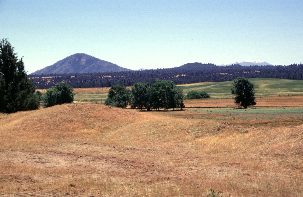 The many small Quaternary volcanic centers located between Lassen Peak and Medicine Lake volcanoes in northern California include Big Cave, a small low shield volcano seen on the horizon just right of center.  Forests blanket a series of basaltic lava flows erupted from the summit of the inconspicuous shield volcano.  The prominent peak at the left is Bald Mountain, seen here from the NE. Photo by Lee Siebert, 1998 (Smithsonian Institution).