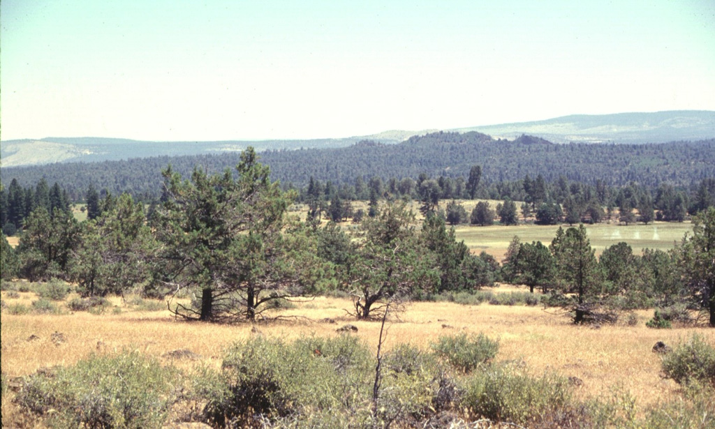 Big Cave shield volcano, at the northern end of an area of late-Quaternary volcanism extending north from Lassen Peak, is a small shield with young pyroclastic cones at the summit and north flank.  The volcano is seen here from the west, with the summit cones forming the low forested hills right of the photo center.  Forested lava flows extend from the summit of the low shield volcano.  The age of Big Cave volcano is not known precisely, but it formed in either the Holocene or latest Pleistocene. Photo by Lee Siebert, 1998 (Smithsonian Institution).