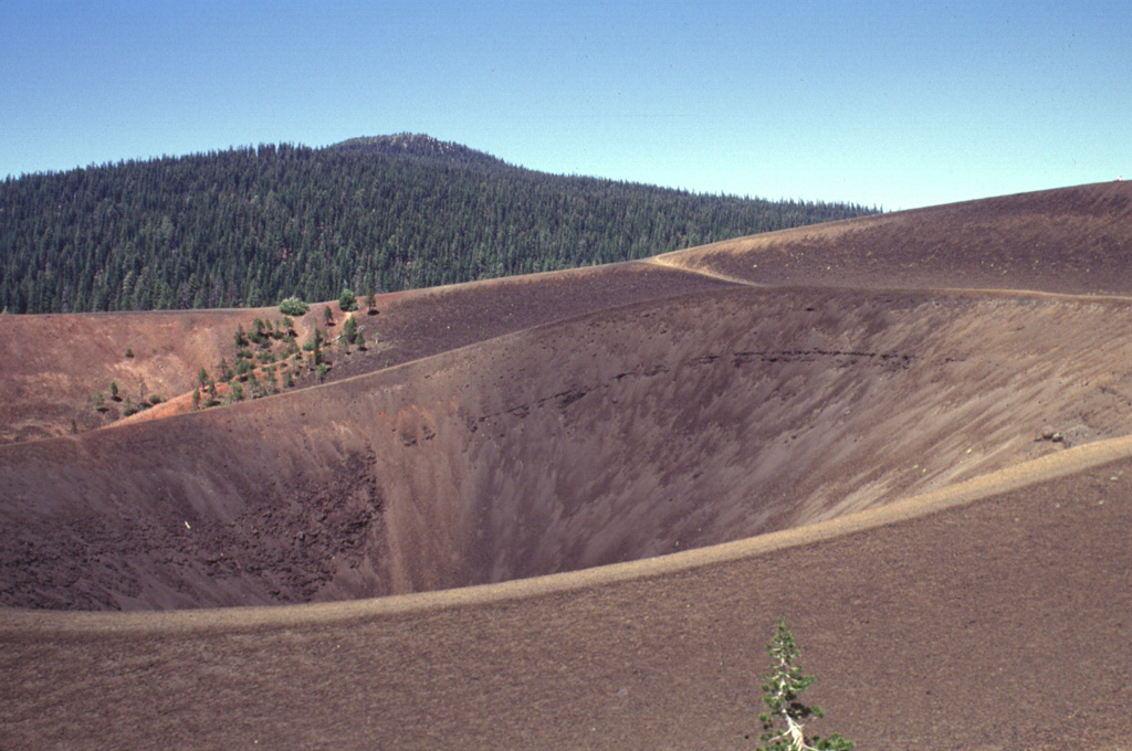 The summit of Cinder Cone contains nested craters with several crater rims created as a result of changes in vent location and eruption intensity.  The scoria cone was formed during eruptions several hundred years ago in NE Lassen Volcanic National Park.  Prospect Peak, an andesitic shield volcano capped by a small pyroclastic cone, is the forested peak in the background NW of Cinder Cone. Photo by Lee Siebert, 1998 (Smithsonian Institution).