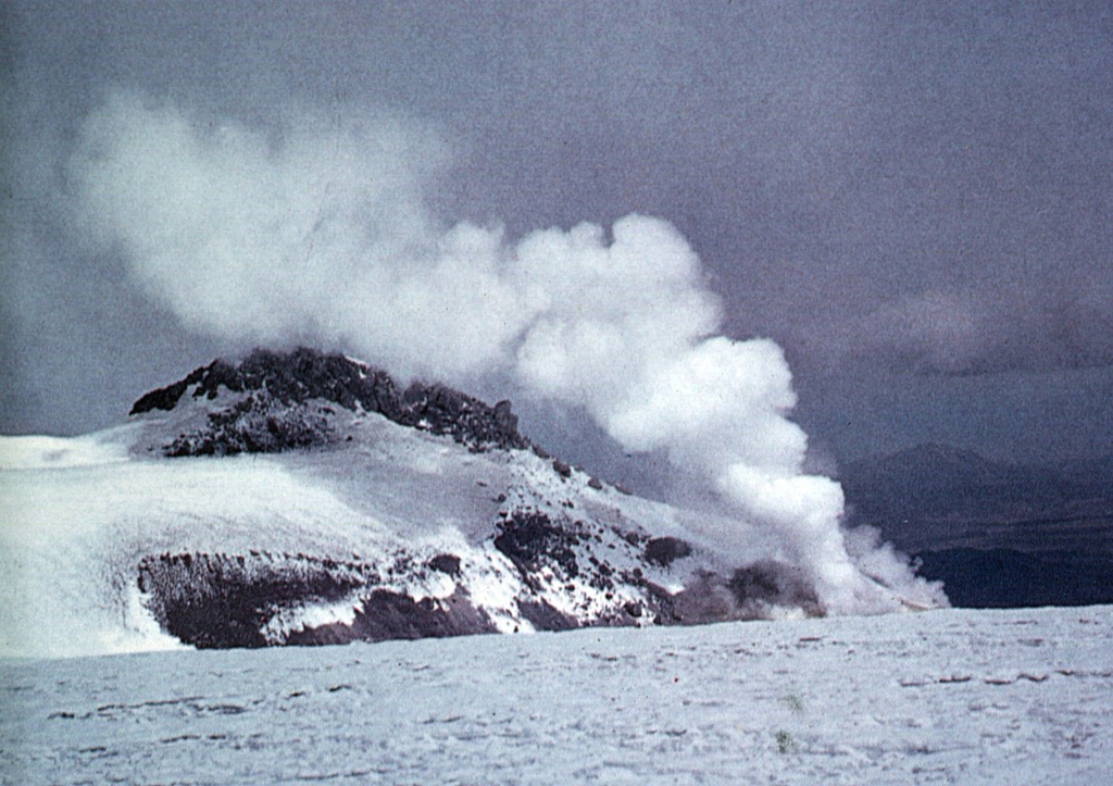 This prominent fumarole is located in the summit region of Guallatiri volcano.  The vigorous fumarole lies 30 m below the summit on the western side and produces a very audible "jet-like" noise.  Many solfataras are located along a 300 m section of the upper west flank of the volcano, and another five fumaroles are located on the south side of the central cone. Photo by Sergio Kunstmann-Z (courtesy of Oscar González-Ferrán, University of Chile).