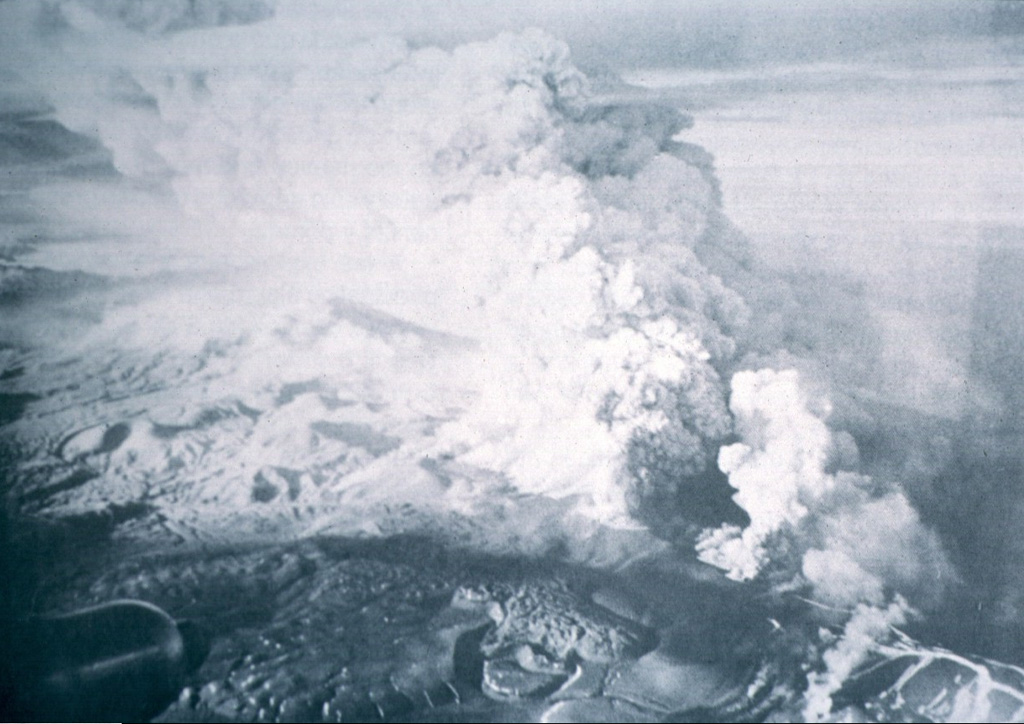 Ash-laden eruption plumes rise above a fissure vent at Cordón Caulle volcano on May 24, 1960 during the latest eruption of this volcano.  An eruption from the southeast end of the Cordon Caulle fissure system began 48 hrs after a major tectonic earthquake with an epicenter 300 km NW of Puyehue volcano. Tephra fell primarily to the southeast.  Lava flows from numerous vents flowed mostly to the southwest.  The eruption lasted until the end of June.  Photo by Oscar González-Ferrán, 1960 (University of Chile).