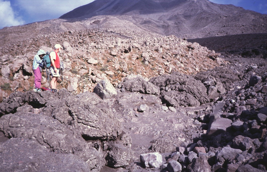 Geologists stand on the margin of a pyroclastic flow deposit from an eruption of Arenal in 1993. In addition to the devastating pyroclastic flows accompanying the start of the eruption in July 1968, more frequent pyroclastic flows occurred in 1975, 1987, 1993, and 1998. Photo by Guillermo Alvarado, 1993 (Instituto Costarricense de Electricidad).