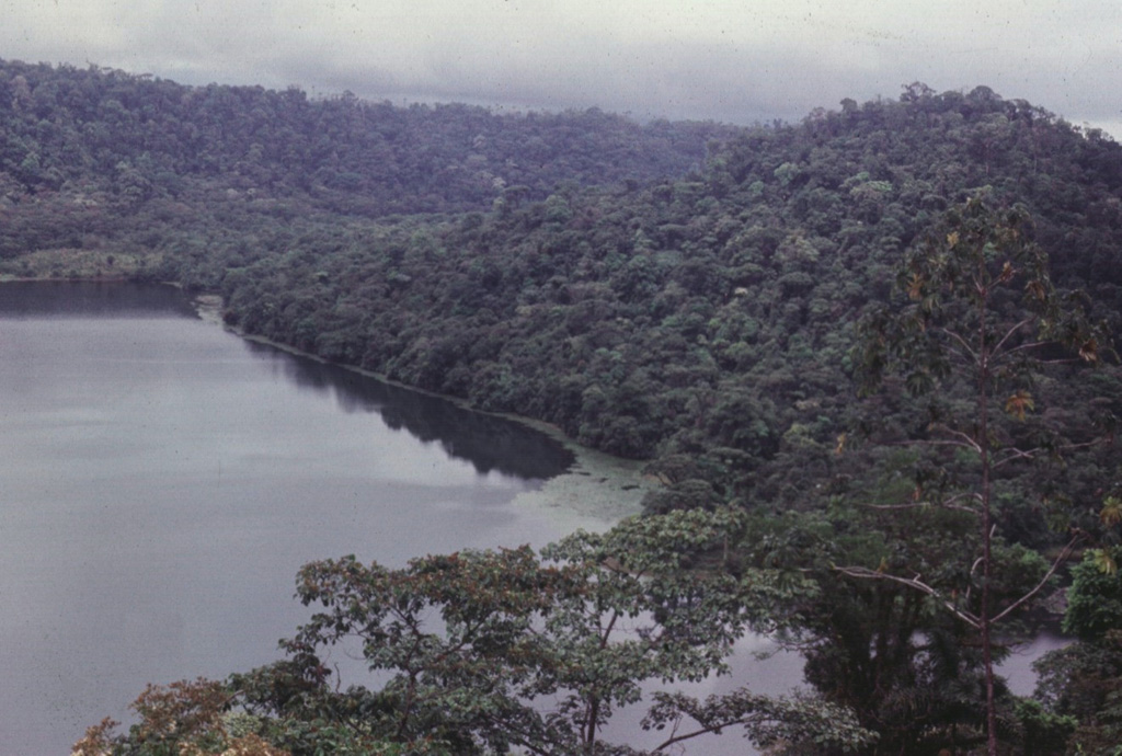 The Hule maar complex formed about 11 km N of the Poás summit. The 2-km-wide complex contains Laguna Hule on the W side, the small Laguna Bosque Alegre on the N, and Laguna Congo to the NW. The cone to the right rises about 130 m above the roughly 20-m-deep lake. Photo by Guillermo Alvarado, 1987 (Instituto Costarricense de Electricidad).