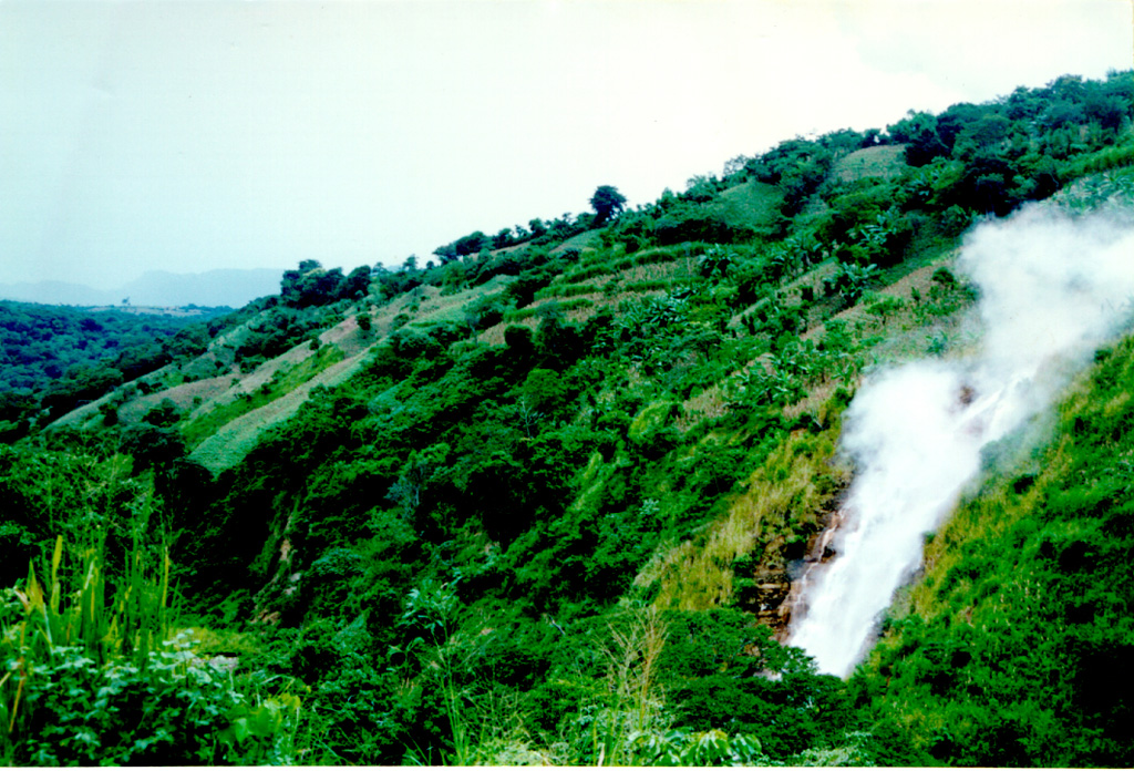 Steam rises above El Tronador, a fumarole along the lushly vegetated slopes of the Berlín geothermal area. The steam has temperatures of 105-107°C and begins condensing within 5 m of the vent. The intensity of geothermal activity at Tecapa has been stable during historical time. Photo courtesy of Comisión Ejecutiva Hidroeléctricia del Río Lempa (CEL).