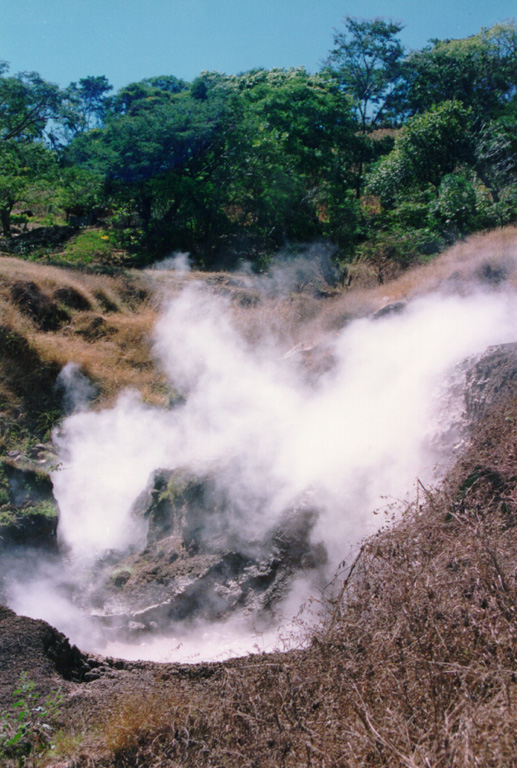 This geothermal area known as Chinameca 4 is one of several surrounding the city of Chinameca. Temperatures of around 100°C have been recorded at the fumaroles of Ausoles la Volcancito, Ausoles el Boquerón, and Infiernillos de Chinameca. The high heat flow has made this area the object of geothermal exploration.  Photo courtesy of Comisión Ejecutiva Hidroeléctricia del Río Lempa (CEL).