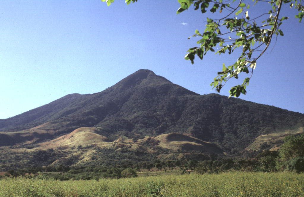 San Vicente is one of the largest volcanoes in El Salvador and is seen here from the east. The 130 km3 edifice was constructed within the Pleistocene La Carbonera caldera. Photo by Carlos Pullinger, 1994 (Servicio Nacional de Estudios Territoriales, El Salvador).