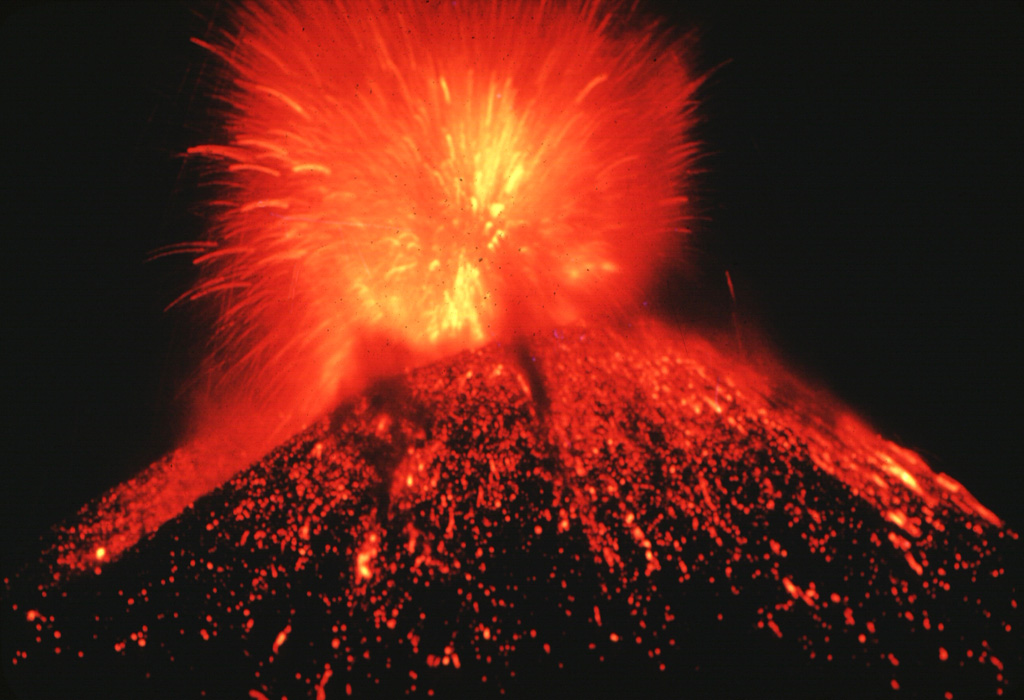 A nighttime Strombolian eruption at Parícutin ejects incandescent blocks and bombs onto the flanks of the scoria cone. Ejecta like this accumulated around the vent to build the cone during February 1943 to February 1952. Photo by Carl Fries, 1945 (U.S. Geological Survey, published in Luhr and Simkin, 1993).