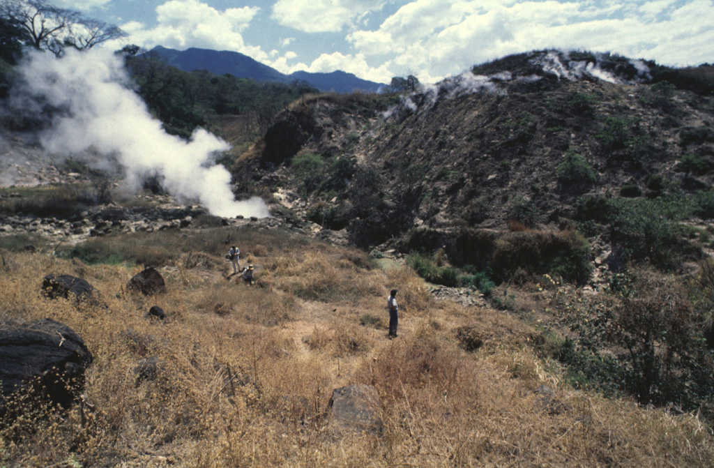 Ausoles de la Labor geothermal field on the flank of Laguna Verde volcano is within the Ahuachapán geothermal field. The fumaroles typically attain temperatures of about 100°C. In addition to those at La Labor, fumaroles are also located at El Playón, Agua Shuca, El Sauce, and higher up at Laguna Verde and Ausoles de Cuyanausul, and numerous hot springs are found in the Ahuachapán geothermal area.  Photo by Giuseppina Kysar, 1999 (Smithsonian Institution).