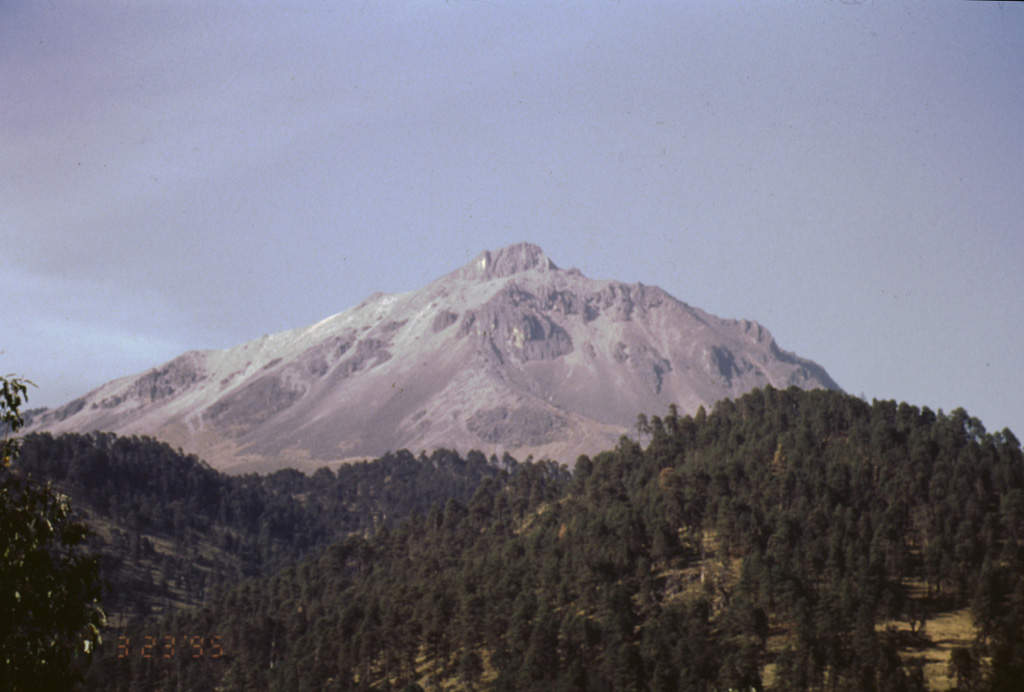 The upper flanks of the dominantly Pleistocene Nevado de Toluca volcano consist primarily of lava flows that are well exposed above the tree line. This view shows the western flanks of Pico del Fraile, the high point on the SW rim of the horseshoe-shaped summit crater. The summit crater and flanks have been extensively modified by glacial erosion. Photo by José Macías, 1995 (Universidad Nacional Autónoma de México).