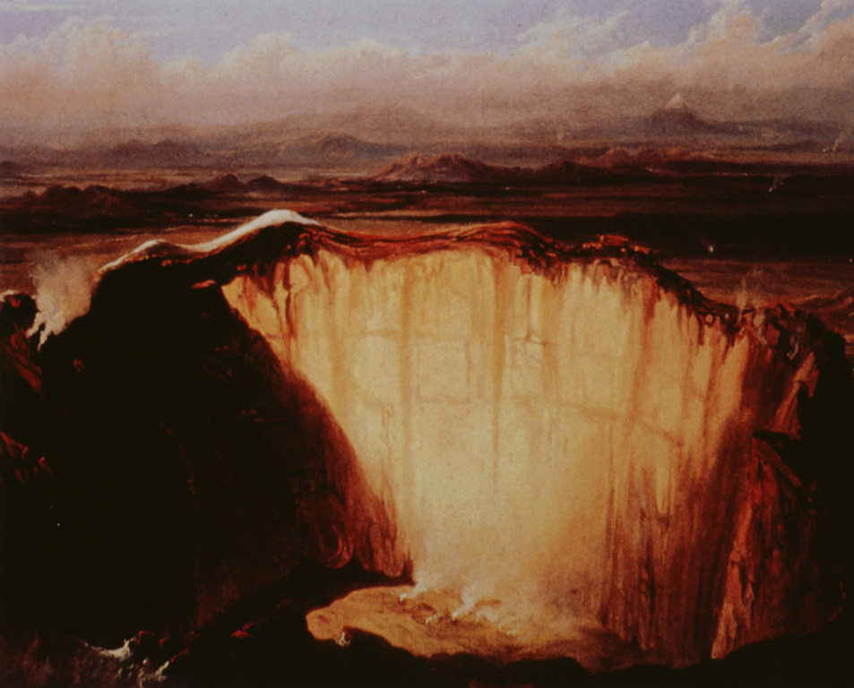 An 1834 painting shows the Popocatépetl crater with several areas of fumarolic activity on the crater floor. Reports of eruptive activity during the 1827-1834 period are uncertain. The painting looks to the east across the Puebla basin with the snow-capped Orizaba peak on the right horizon. Painting by Daniel Thomas Eggerton (Collection of the National Bank of Mexico; courtesy José Macías, UNAM).