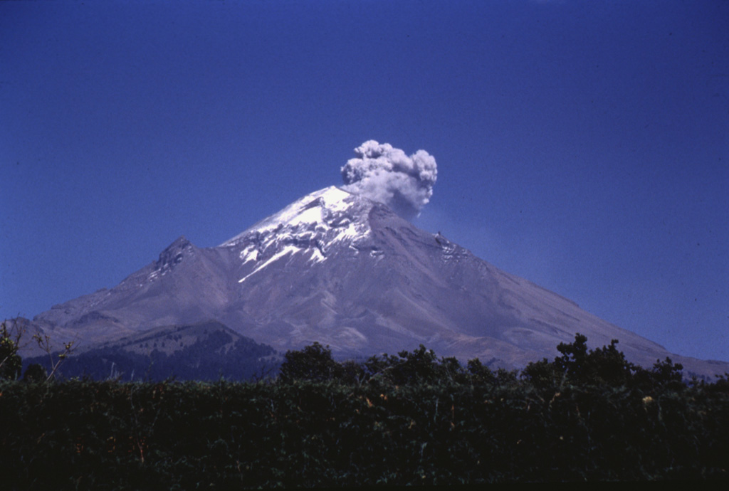 An ash plume rising above Popocatépetl is seen here from the western flank on 8 March 1995. The plume rose about 500 m above the crater and was dispersed by the wind toward the south. A phreatic eruption on 21 December 1994 resulted in light ashfall on the city of Puebla, 45 km east. Intermittent ash eruptions, such as the one pictured here, continued until May 1995 and then resumed in March 1996. Photo by José Macías, 1995 (Universidad Nacional Autónoma de México).
