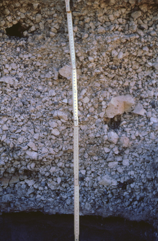 The middle unit of the La Vírgen Plinian fall deposit displays a massive structure (lacking internal structure) with large pink pumice fragments. This deposit, more than 1 km3, is the product of a major explosive eruption that occurred from Tres Vírgenes volcano. The dispersal axis of this airfall deposit was to the SW. The eruption also included the emplacement of pyroclastic flows and voluminous lava flows. Photo by José Macías, 1995 (Universidad Nacional Autónoma de México).