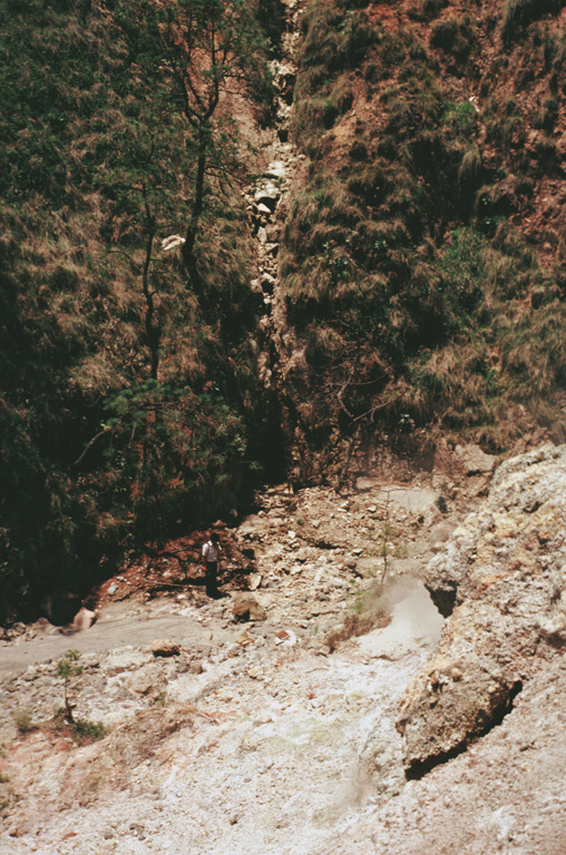 Steam rises from fumaroles (foreground) of the La Primavera geothermal field along La Azufrera fault, which can be seen in the vertical rock-filled gully in the background. Note the person observing the fault for scale. The geothermal field at La Primavera has been explored by the Mexican Comisión Federal de Electricidad (CFE) and exploratory drilling began in 1980. Photo by Pat Dobson, 1982 (Lawrence Berkeley National Laboratory).