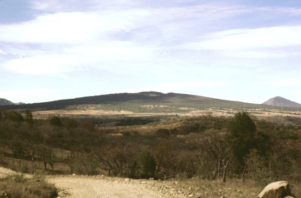 The low-angle La Laja shield volcano lies at the southern end of the Plio-Pleistocene Northern Atenguillo volcanic field in the Jalisco tectonic block of western México.  La Laja was dated at about 660,000 years.  Initial phreatomagmatic eruptions at La Laja produced pyroclastic-surge and airfall deposits.  These were followed by the extrusion of a thick sequence of lava flows that built the symmetrical shield volcano.  The flows blocked the Río Atenguillo, forming an ephemeral 20-km-long lake. Photo by Paul Wallace, 1998 (University of California Berkeley).