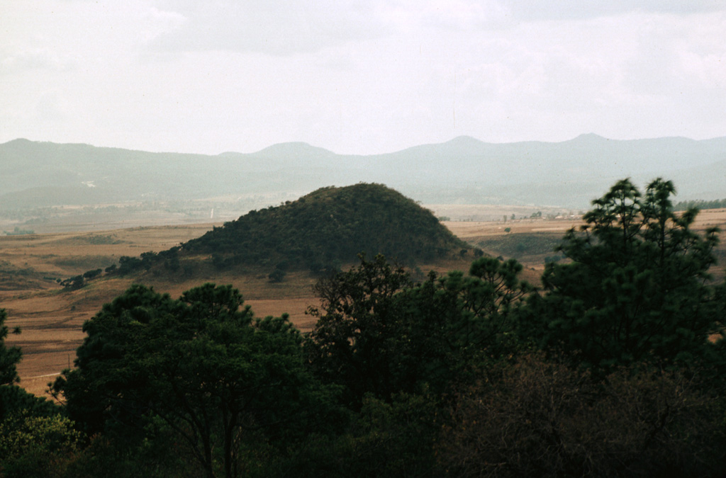 A mostly Pliocene volcanic field is located near the town of Los Volcanes, at the southern end of the Atenguillo graben in the Jalisco tectonic block of western México.  This photo shows an eroded andesitic center near the town of Los Volcanes.  The 285 km2 volcanic field consists of lava cones and flat-topped lava flows overlying Cretaceous ignimbrites.  The extensional tectonic setting of Los Volcanes, which is situated in a graben of the Jalisco block, has resulted in the eruption of a wide variety of lava types. Photo by Paul Wallace, 1998 (University of California Berkeley).