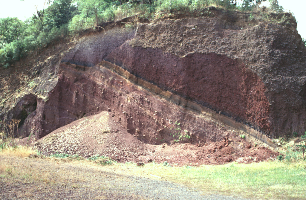 Scoria deposits are exposed in a quarry on the NE flank of Cerro Verde along the road to its summit. Cerro Verde is the largest of a chain of scoria cones on the SE flank of Santa Ana.  Photo by Paul Kimberly, 1999 (Smithsonian Institution).