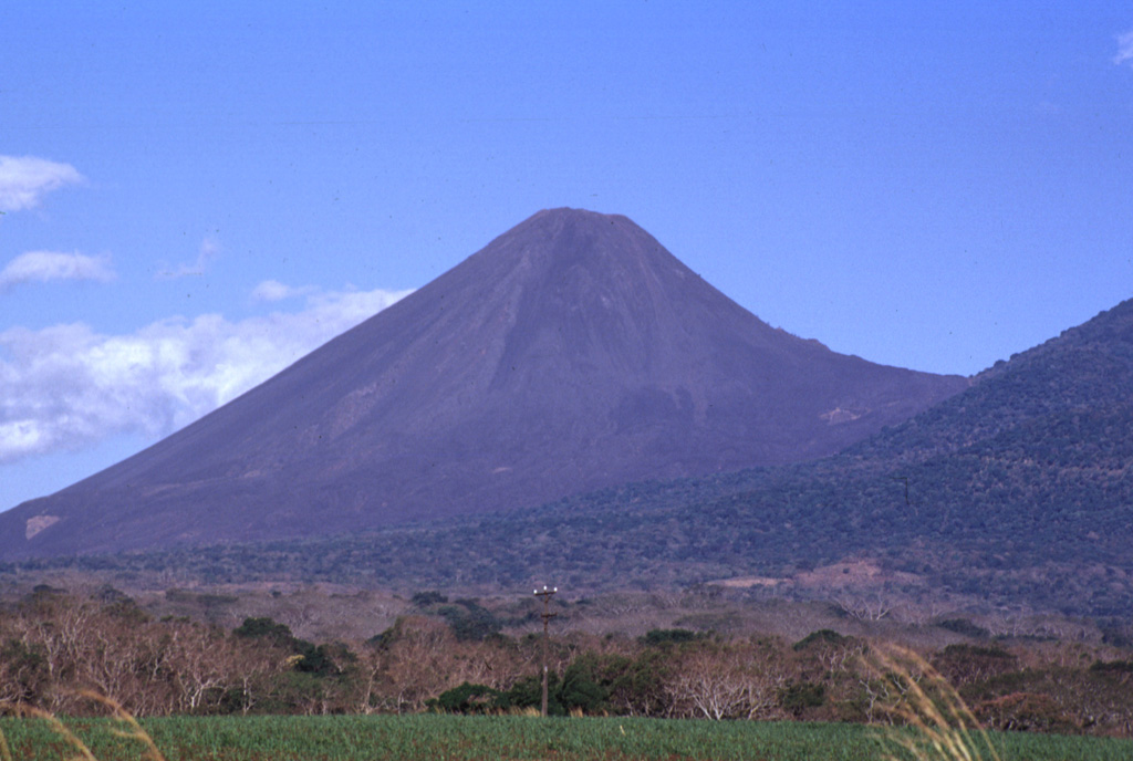 Volcán Izalco is one of El Salvador's most well-known volcanoes. It rises more than 1 km above its southern base (left) and 300 m above the saddle between it and Cerro Verde, a flank cone on Santa Ana (right). Since Izalco began erupting in 1770, the summit grew about 650 m above its original vent on the flank of Santa Ana volcano. Photo by Paul Kimberly, 1999 (Smithsonian Institution).