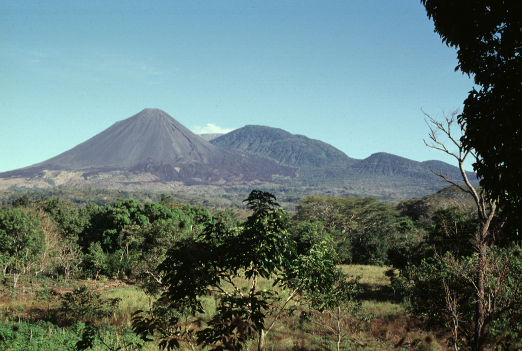 Izalco has been one of El Salvador's most active volcanoes during historical time. More than 50 eruptions took place since it began to erupt in 1770, many lasting several years to about a decade in duration. Eruptions took place both from the summit craters and from flank vents. Unvegetated lava flows are seen here on the SE flank below Cerro Verde (center) and El Conejal and El Astillero (right). Photo by Paul Kimberly, 1999 (Smithsonian Institution).