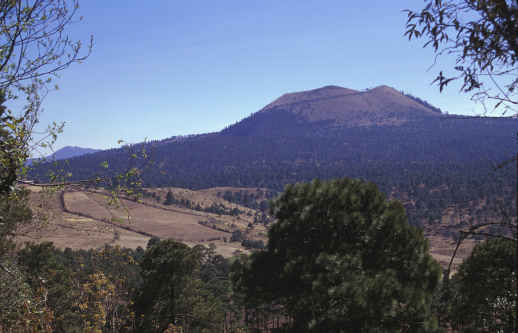 Volcán Pelado is a small shield volcano in the eastern part of the Chichinautzin field with a cone at the summit. Formation of the volcano, between about 10,500 and 9,260 years ago, was accompanied by pyroclastic flows that entrained pottery fragments from nearby settlements. Volcán Pelado lies 10 km south of Xitle, another scoria cone of the Chichinautzin volcanic field that erupted less than 2,000 years ago. Photo by Lee Siebert, 1998 (Smithsonian Institution).