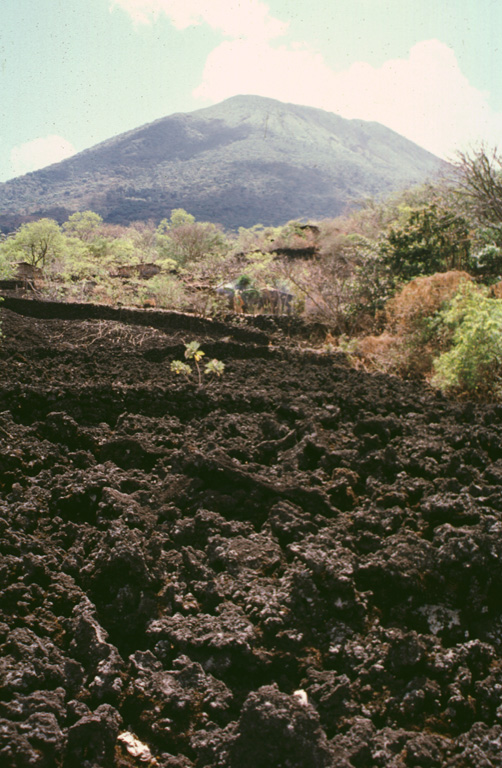 The basaltic lava flow in the foreground originated during a major effusive eruption that began from fissure vents on the NNW flank of San Miguel on July 25, 1844.  By December lava was confined to the crater.  The volcano then entered a several-year-long period of explosive activity.  Another lava flow was reported in 1848, the year the eruption ended. Photo by Paul Kimberly, 1999 (Smithsonian Institution).