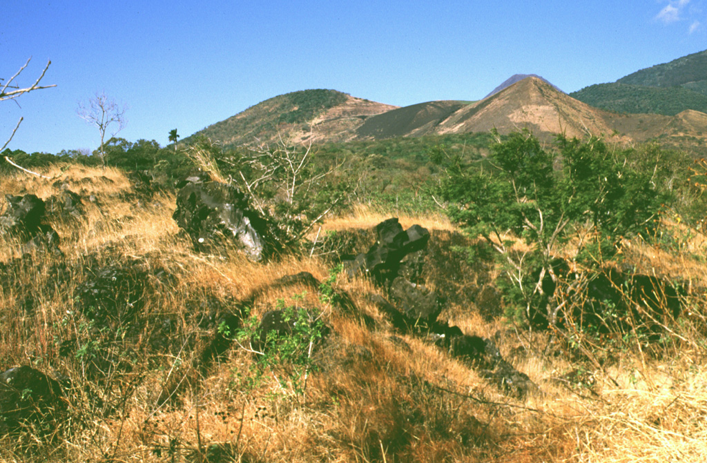 The lava flow in the foreground was erupted in 1722 from San Marcelino, the scoria cone to the right. The 13-km-long Teixcal lava flow traveled to the east and destroyed San Juan Tecpan village. The flow originated from two vents on opposite sides of San Marcelino. Cerro Chino is to the left of San Marcelino and is the central of three scoria cones along a SW trend from San Marcelino to La Olla. Photo by Lee Siebert, 1999 (Smithsonian Institution).