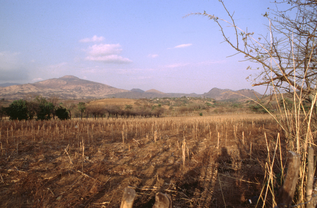 Volcán de Flores (left), one of the largest volcanoes in SE Guatemala, lies at the SW end of a cluster of small volcanic fields near the border with El Salvador. This view from the SW shows part of a chain of NW-SE-trending scoria cones across the flanks. Photo by Giuseppina Kysar, 1999 (Smithsonian Institution).
