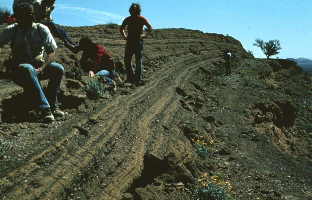 A group of geologists observe bedded pyroclastic surge deposits from the Cerro Colorado maar. Thinly bedded surge units are typical of distal portions of pyroclastic surge deposits, caused by deposition of material from the basal part of the flow. Photo by Bill Rose, 1978 (Michigan Technological University).