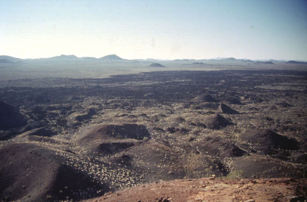 More than 500 basaltic scoria cones and associated lava flows dot the Pinacate volcanic field, visible here near Cerro Colorado. The field also contains maars like Cerro Colorado and the large basaltic-to-trachytic Santa Clara shield volcano. Photo by Bill Rose, 1997 (Michigan Technological University).