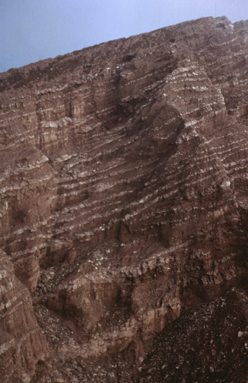 The steep walls of the 1902 explosion crater at Santa María expose a sequence of alternating thin (1-10 m) light-colored lava flows and brownish-colored block-and-ash flow deposits. Growth of the cone involved the extrusion of lava flows, mostly from the summit vent.  Photo by Bill Rose, 1974 (Michigan Technological University).