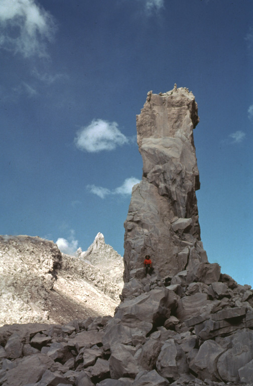 This tall feature is a collapse remnant of a lava flow extruded from the Caliente vent on the eastern side of Santiaguito lava dome between January 1972 and May 1973. A period of increased lava effusion between 1972 and 1975 was unusual because large flows originated from vents at both ends of the dome complex. Photo by Bill Rose, 1978 (Michigan Technological University).