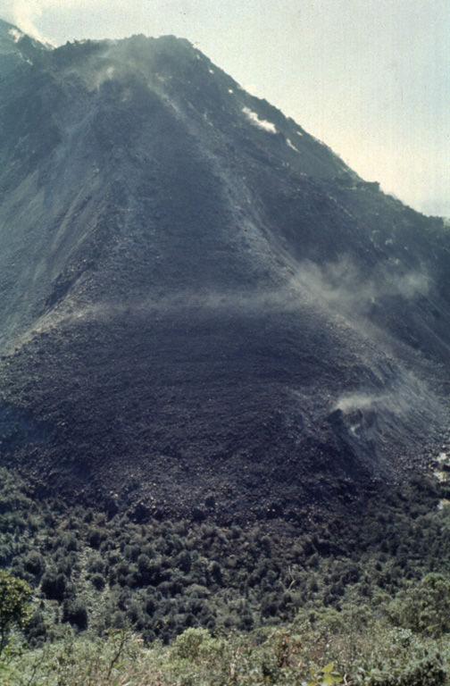 This lava flow descended the northern flank of El Brujo on Santiaguito. El Brujo, seen here from the La Loma trail, is the westernmost of the Santiaguito lava dome complex that began erupting in the late 1950s. Photo by Bill Rose, 1972 (Michigan Technological University).