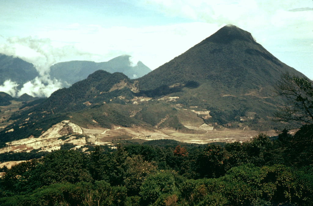 Santa Maria is seen here from Siete Orejas volcano. The SW (right-hand) flank of Santa María is slightly influenced by the profile of the massive crater produced by the 1902 eruption. The forested peak on the lower NE flank of Santa María is Volcán del Valle, an eroded scoria cone. Behind it is Santo Tomás volcano. Light-colored pumice deposits from the 1902 Santa María eruption and a Pleistocene eruption of Siete Orejas volcano are visible in the foreground. Photo by Bill Rose, 1975 (Michigan Technological University).