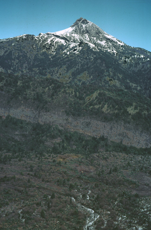 The summit of Nevado de Colima is seen here from the top of El Volcancito, a lava dome on the NE flank. A lava flow from Volcancito descended to the lower right. A light-colored east-dipping lava flow is exposed in the scarp wall, and the rim is seen diagonally across the center of the photo.  Photo by Jim Luhr, 1978 (Smithsonian Institution).