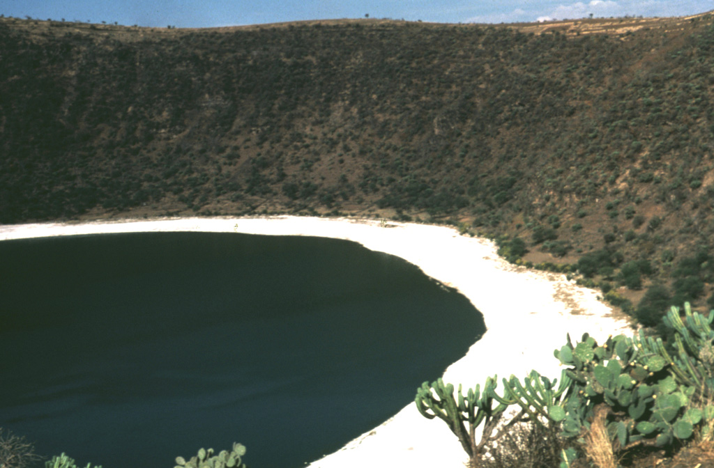 The Valle de Santiago in the NE part of the Michoacán-Guanajuato volcanic field NW of Lake Yuriria contains a group of maars formed by phreatomagmatic eruptions. The maars, four of which are lake-filled, range from 0.8 to 1.8 km in diameter, are 80 to 180 m deep, and are probably Holocene in age. This photo shows the Hoya Rincón de Parangüeo maar at the northern end of the group. Photo by Jim Luhr, 1982 (Smithsonian Institution).
