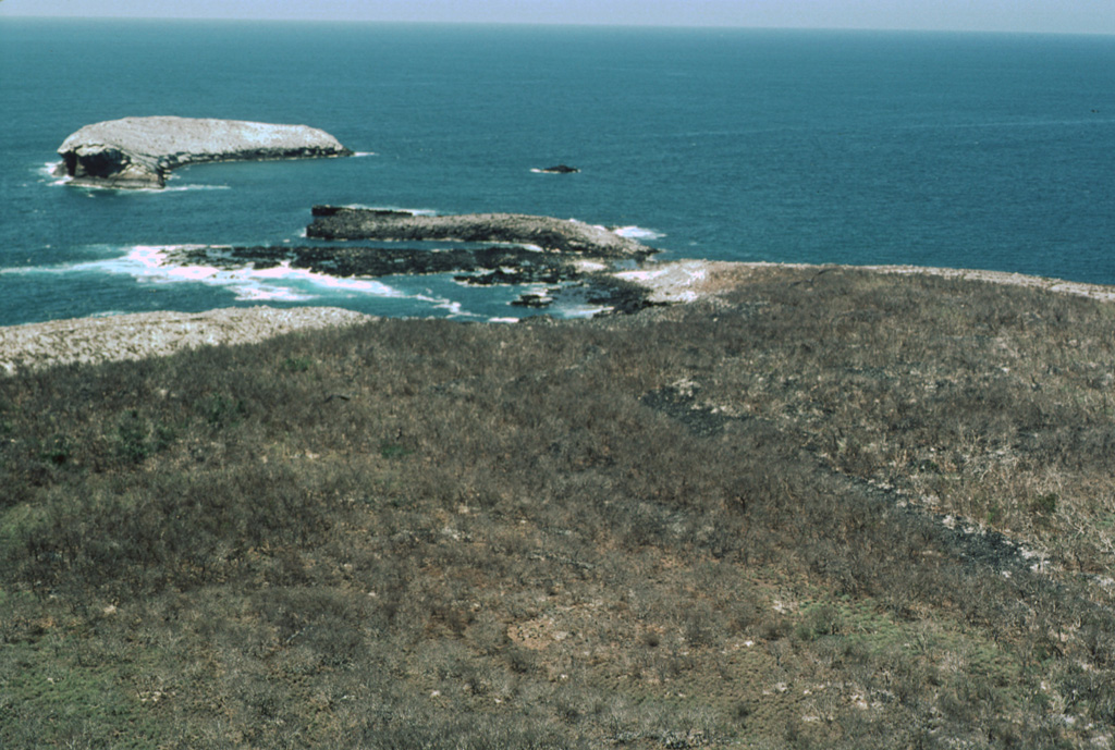 Islota Pelón (upper left), just off the NW coast of Isla Isabel, is the outer rim of a mostly submerged cone whose SE rim (center) is located on the tip of the main island. A narrow lava flow seen diagonally from the lower right to the bay is part of the Planicie lava flow and is the product of the youngest eruption on Isla Isabel. Photo by Jim Luhr, 1995 (Smithsonian Institution).