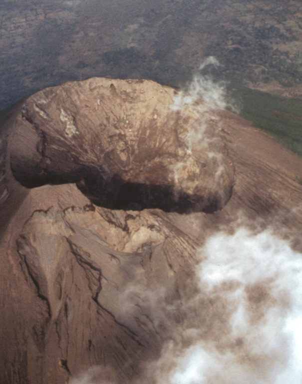 The Concepción summit crater is seen here in an aerial view from the west in 1994. The crater is 300 m in diameter and about 250 m deep.  Photo by Jaime Incer, 1994.