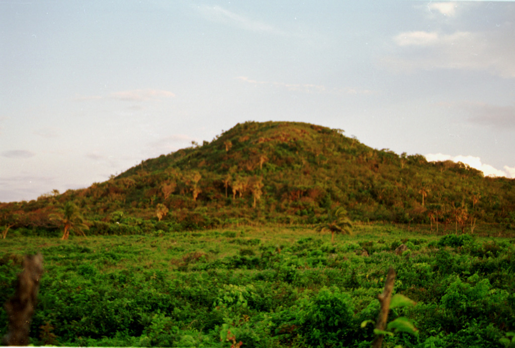 Pumpkin Hill, a low pyroclastic cone reaching only 74 m above sea level, is the high point of Utila Island.  The cone occupies the NE tip of the island and consists of stratified basaltic lapilli and tuffs containing abundant blocks and small fragments of coral.  The vent of the cone appears to lie on this side near its northern base, but only the southern half of the cone remains. Photo by Rick Wunderman, 1999 (Smithsonian Institution).