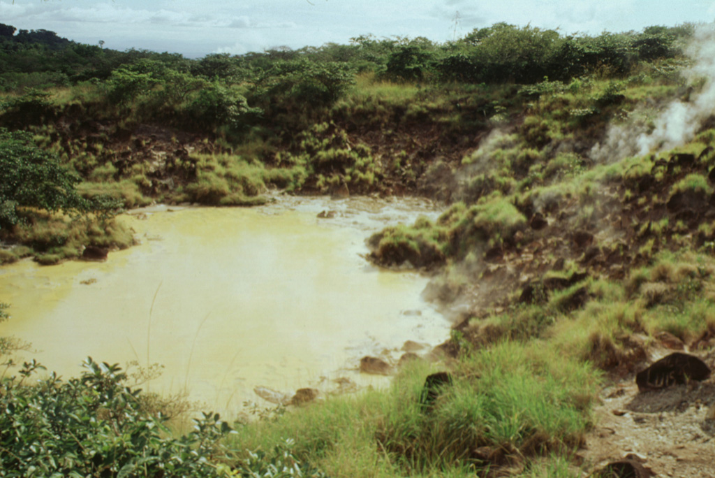 Gas emissions rise from vents in the Aguas Termales thermal area on the southern flank of Rincón de la Vieja volcano. A popular trail in Rincón de la Vieja National Park goes around the mud pools and fumaroles of the geothermal area. Photo by Paul Kimberly, 1988 (Smithsonian Institution).