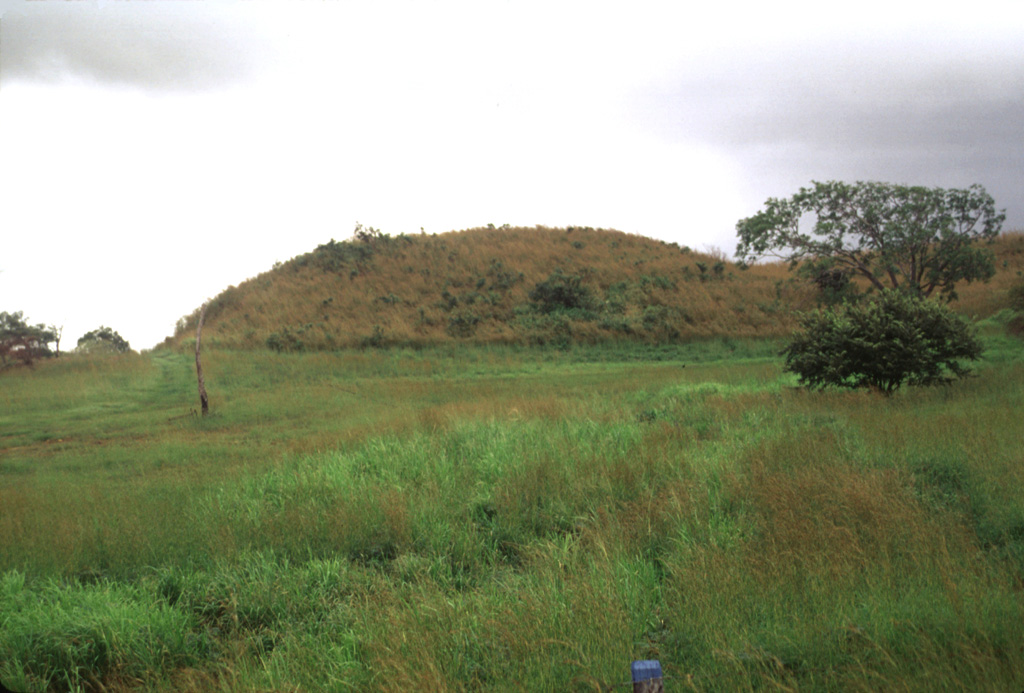 This hummock is part of a massive debris avalanche deposit that formed by collapse of Volcán Cacao. The avalanche traveled across the flat-lying Pacific coastal plain as far as the Central American highway, near where this photo was taken. Photo by Lee Siebert, 1998 (Smithsonian Institution).