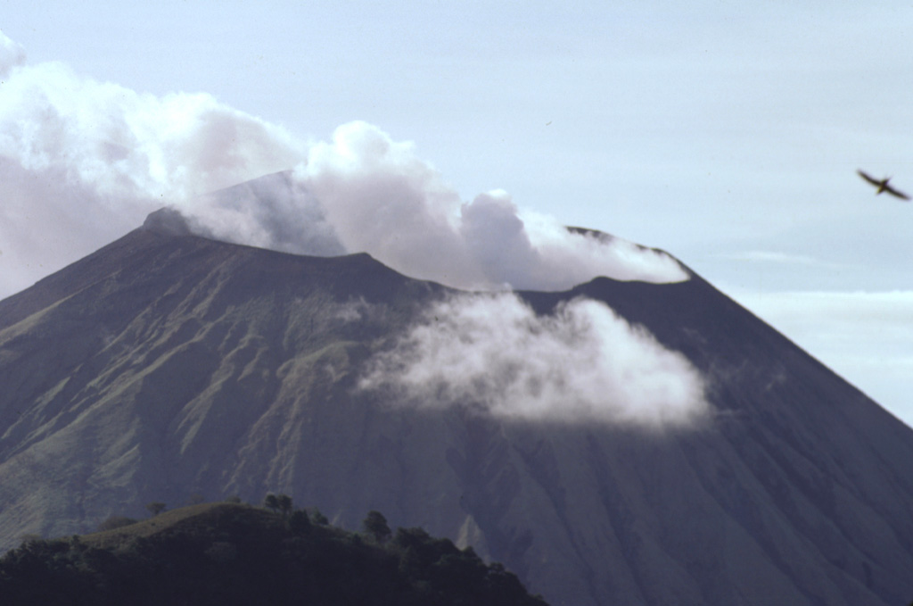 The steaming summit crater of San Cristóbal volcano is viewed here from the top of Casita volcano, whose western crater rim forms the ridge at the lower left.  The SW crater rim (upper left) is 140 m above the NE rim, reflecting the influence of trade winds on tephra deposition.  The 500 x 600 m wide crater is elongated in an E-W direction, and is several hundred meters deep. Photo by Paul Kimberly, 1998 (Smithsonian Institution).