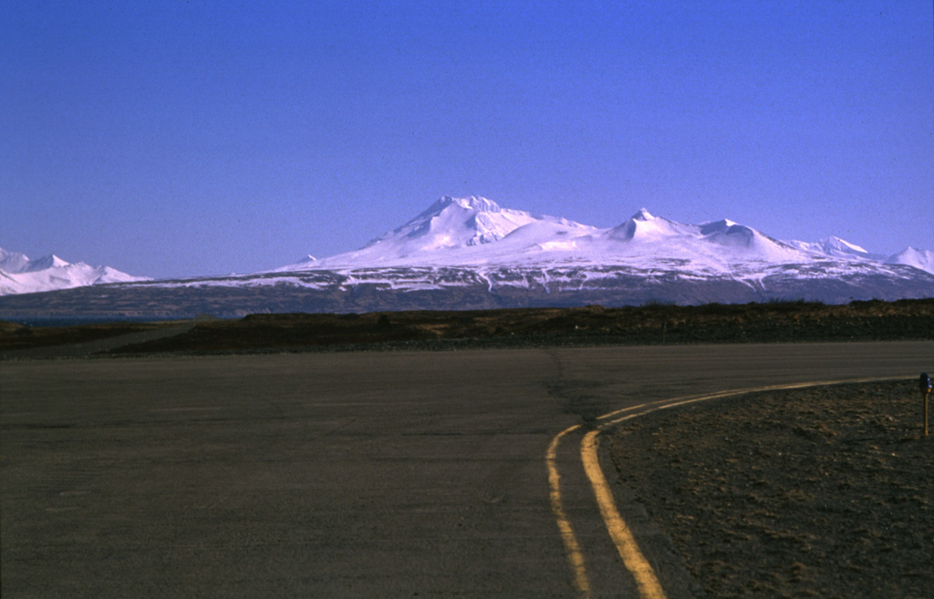 Mt. Dutton viewed from the airport runway at Cold Bay at the tip of the Alaska Peninsula. Photo by Christina Neal, 1997 (Alaska Volcano Observatory, U.S. Geological Survey).